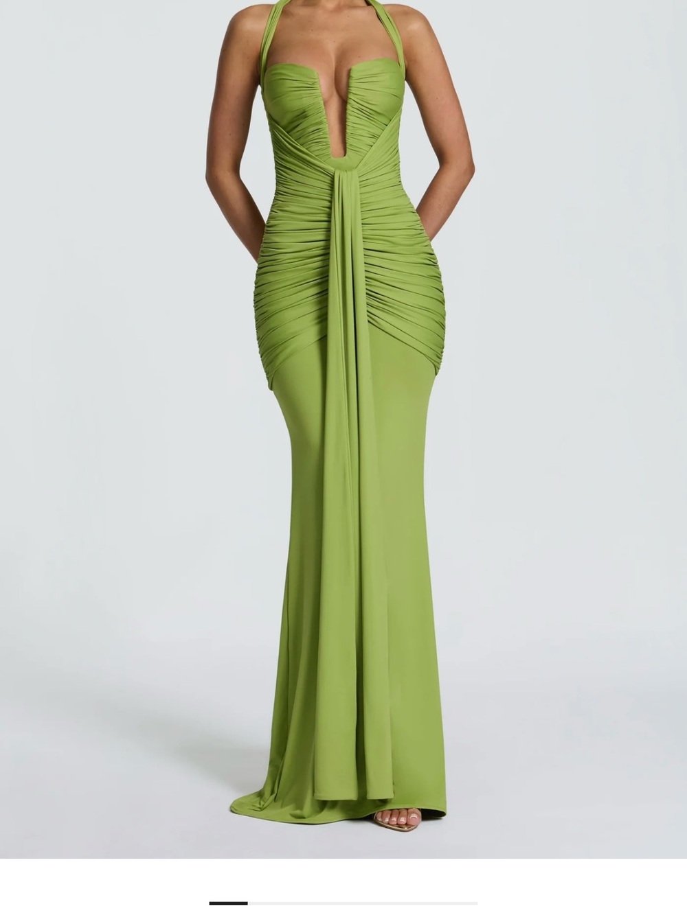 Lime Green Halter Ruched Maxi Evening Gown